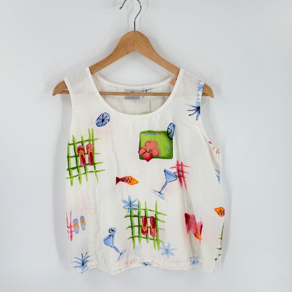 VTG Hot Cotton Marc Ware Sleeveless Art Print Pullover Ivory Scoop Neck Size L